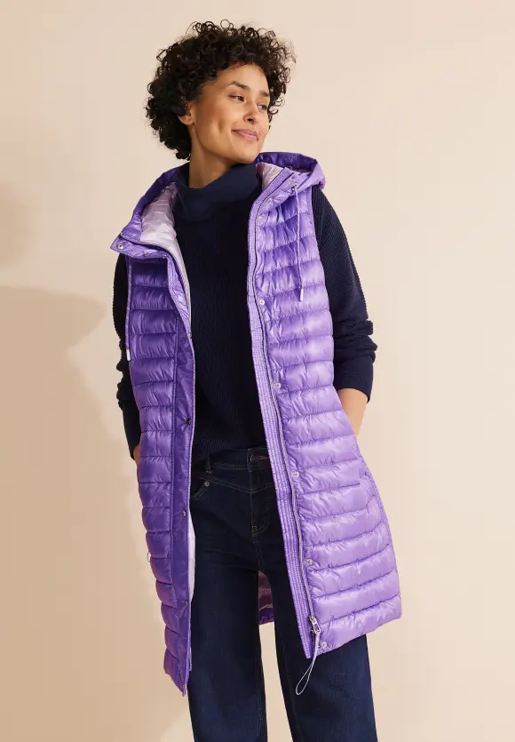 Long Kapuzen Steppweste - shiny lilac