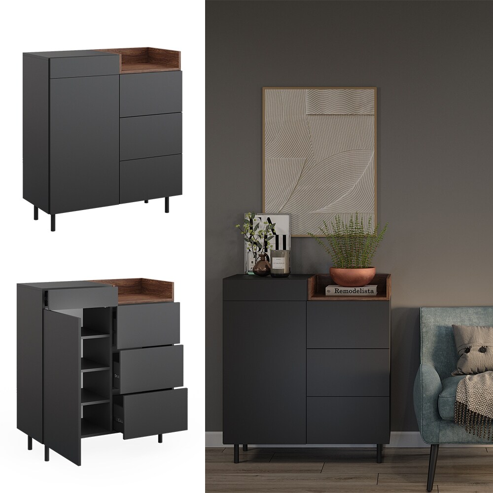 Vicco Kommode Anika, 89 x 100 cm, Anthrazit Walnussbraun mit Tür, 4 Schubfächer