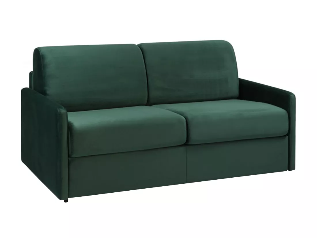 Canapé 3 places convertible express en velours vert sapin - Couchage à lattes larges 140 cm - matelas 18 cm CALIFE