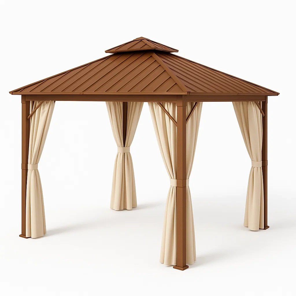 Pavillon en aluminium avec rideaux en polyester marron et beige