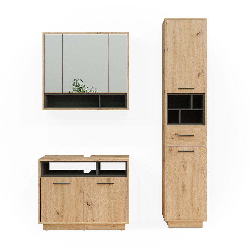 Vicco Badmöbel-Set Badezimmer-Möbel Bad-Schrank Beatrice Eiche Anthrazit modern Badezimmerschrank Waschtischunterschrank Spiegelschrank Hochschrank Schranktür Schrankfach