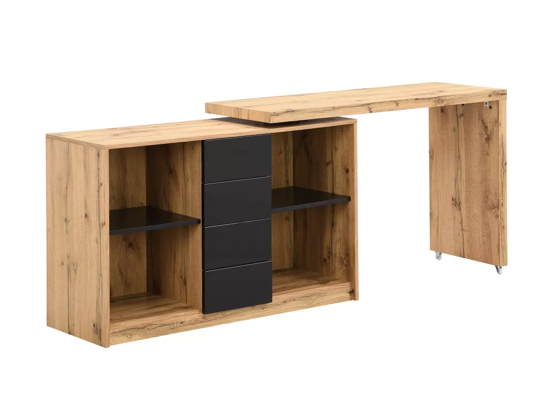 Bureau extensible avec plateau pivotant 360° - MDF - Naturel et noir - PAVELO