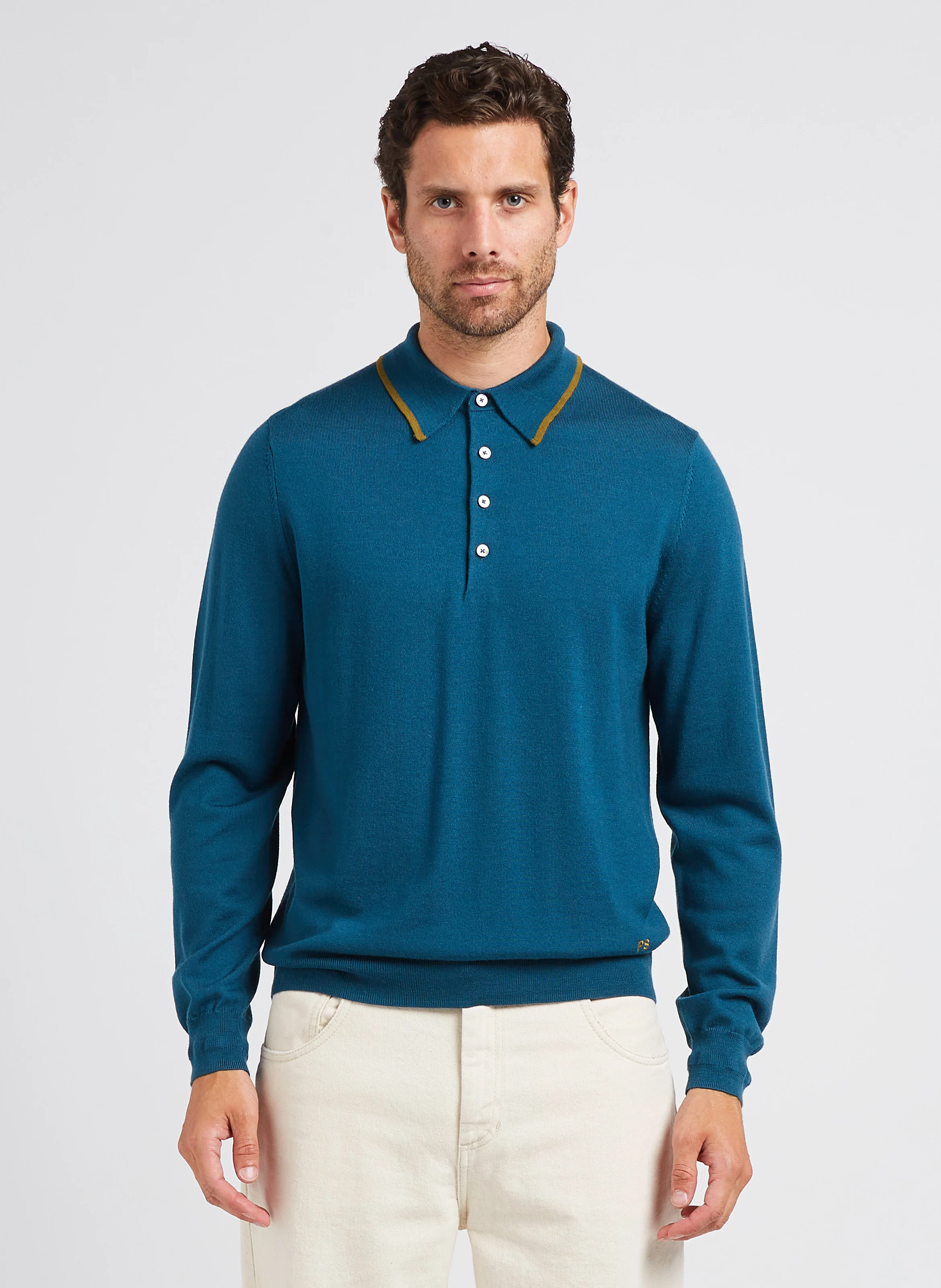 Pull col polo en laine| Bleu