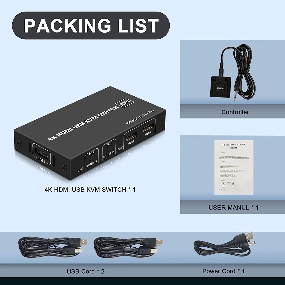 NÖRDIC KVM Switch 2 PC til 1 HDMI 2.0 og 3XUSB for Xbox, PS5, Laptop