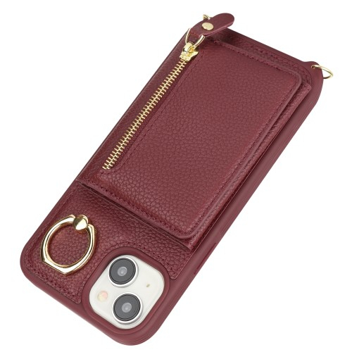 iPhone 14 / iPhone 13 Necklace Leder Hülle mit Münzfach und Kartenfächer   Finger Griff Halterung   Handykette - Weinrot