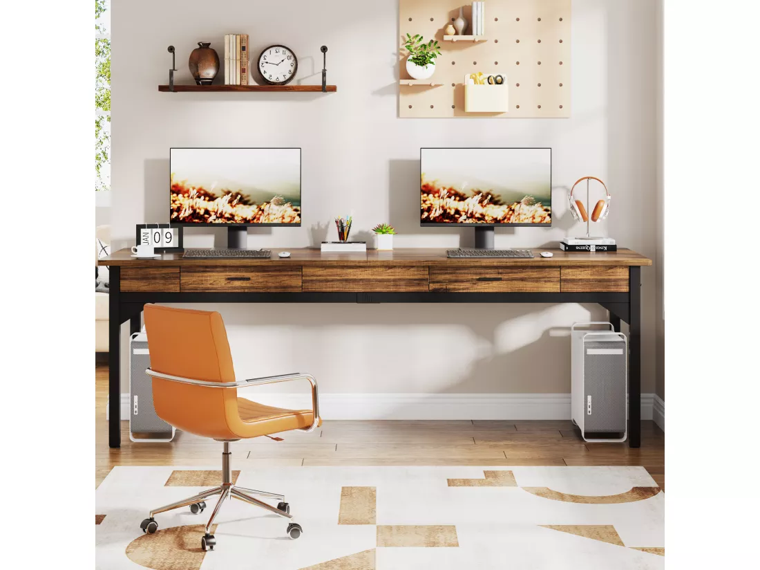 Bureau Informatique, Table d’étude, Double Bureau Long avec 2 Schubladen, 200 x 60 x 82 cm, Marron Rustique