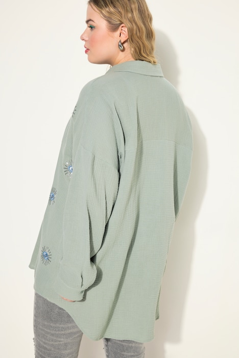 Bluse, oversized, Musselin, Augen-Stickerei, Langarm