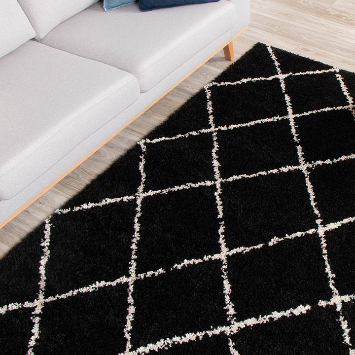 Hoogpolig vloerkleed - Grand Lines Zwart/Creme