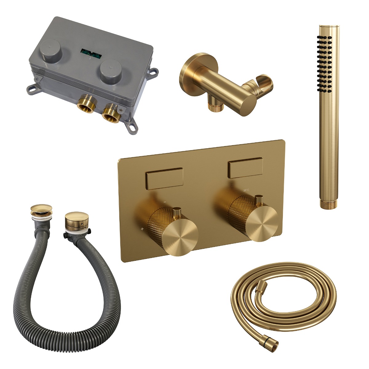 Brauer Gold Carving thermostatische inbouw badkraan met badvulcombinatie en staafhanddouche set 3 messing geborsteld PVD