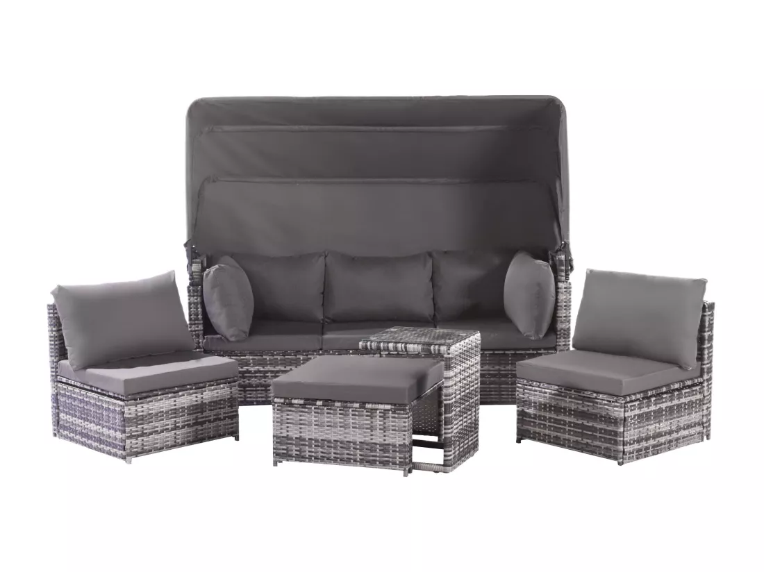 Ensemble salon de jardin en rotin Sunshine Island seat set, canapé avec toit ouvrant, tabourets, fauteuils et table, résistant aux intempéries, gris