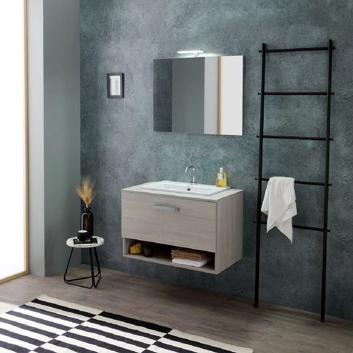 Kiamami Valentina Armoire Mural Chêne Gris Lavabo Lotto