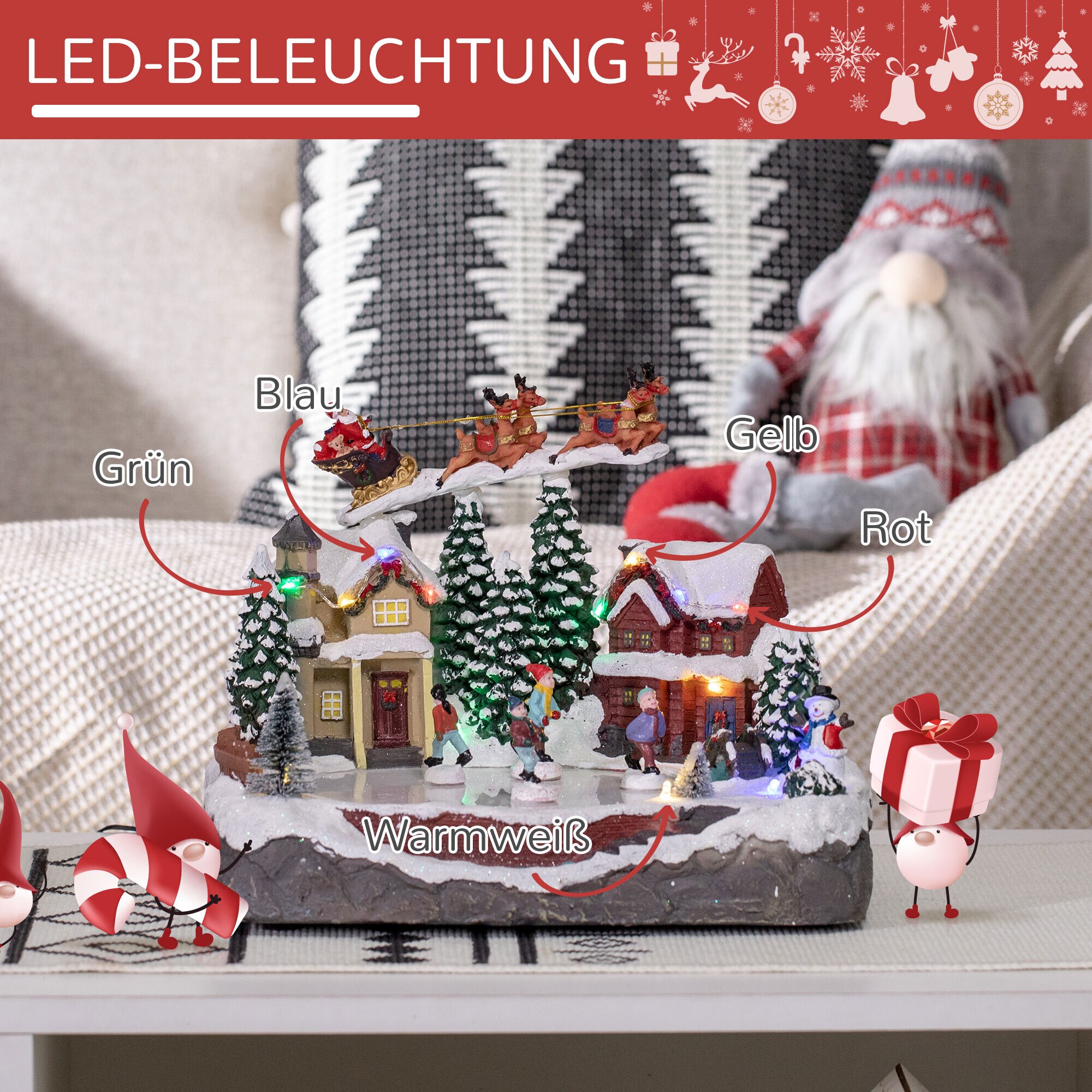 HOMCOM Weihnachtsdorf mit LED-Beleuchtung bunt 30L x 24,5B x 23H cm
