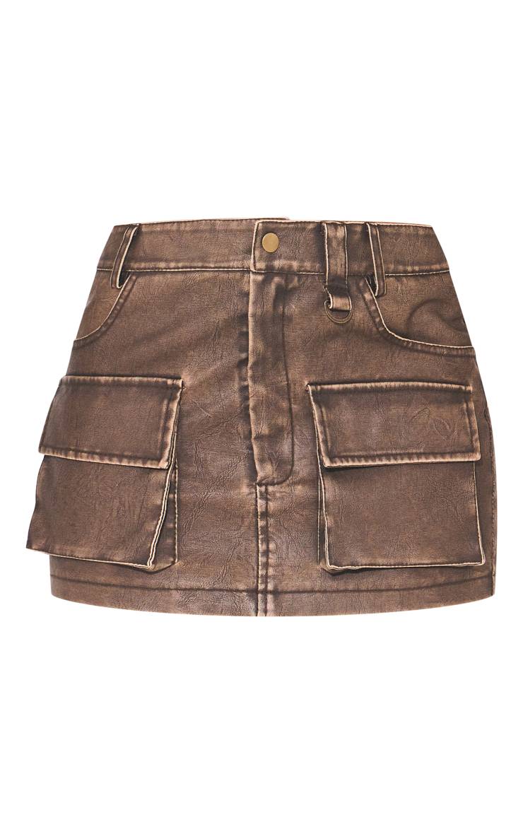 Washed Brown Ensemble Coordonné Mini-jupe En Synthétiquecuir Avec Détail De Poches Petite