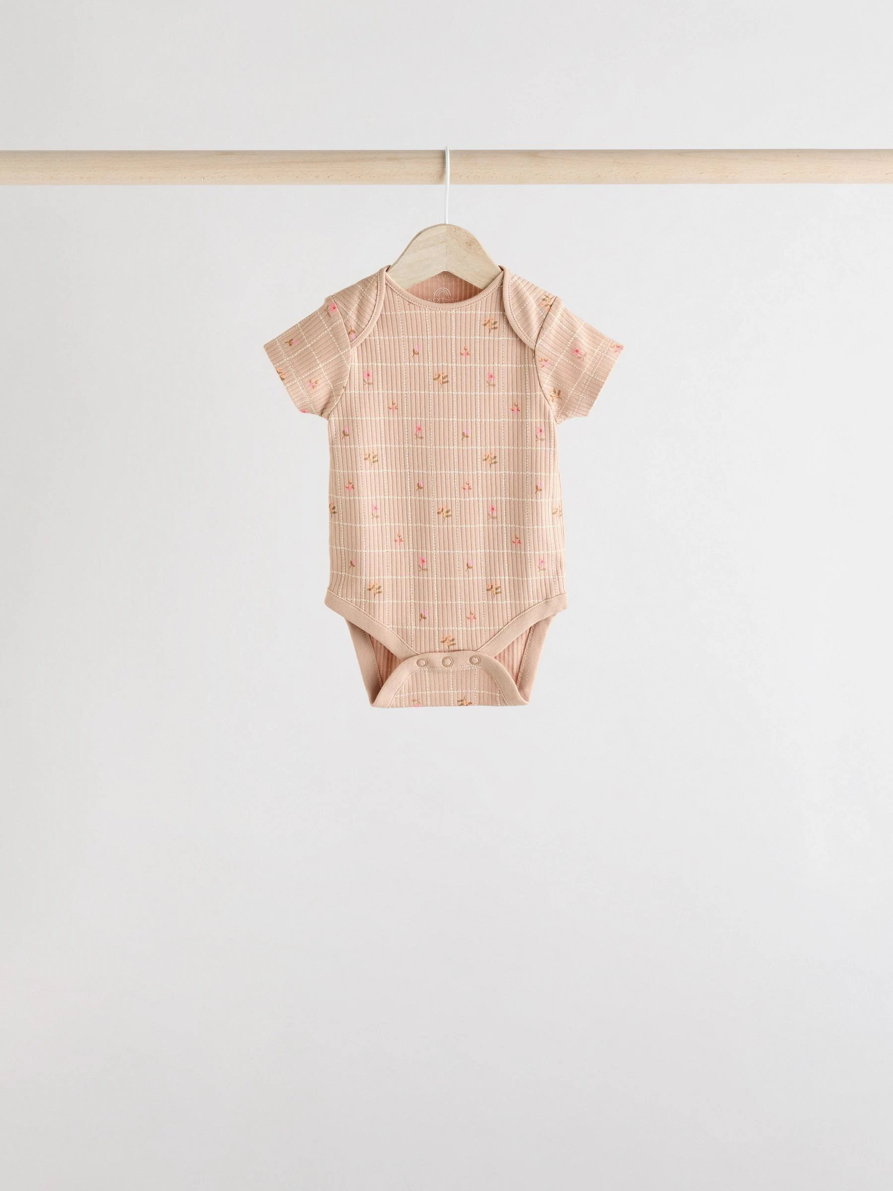 Abrikooskleur met fijne print - 5 Babyrompertjes met korte mouwen