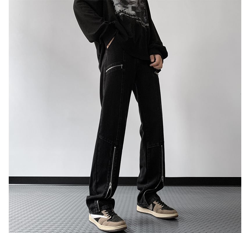 emeisa - Mid Rise Washed Panel Zip Slit Straight Leg Jeans