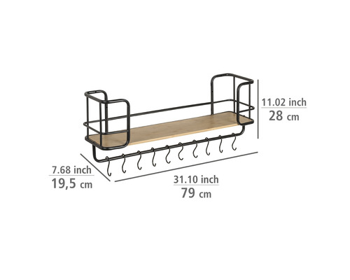 Wandplank met haken, loftstijl, bamboe/zwart