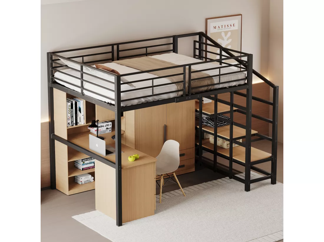 Lit mezzanine 140x200cm en métal - avec étagères et échelle de sécurité - Noir (matelas non inclus)