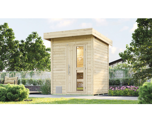 Weka Naantali saunacabine inclusief 9 kW kachel en geïntegreerde bedieningseenheid met houten deur en geïsoleerd glas.