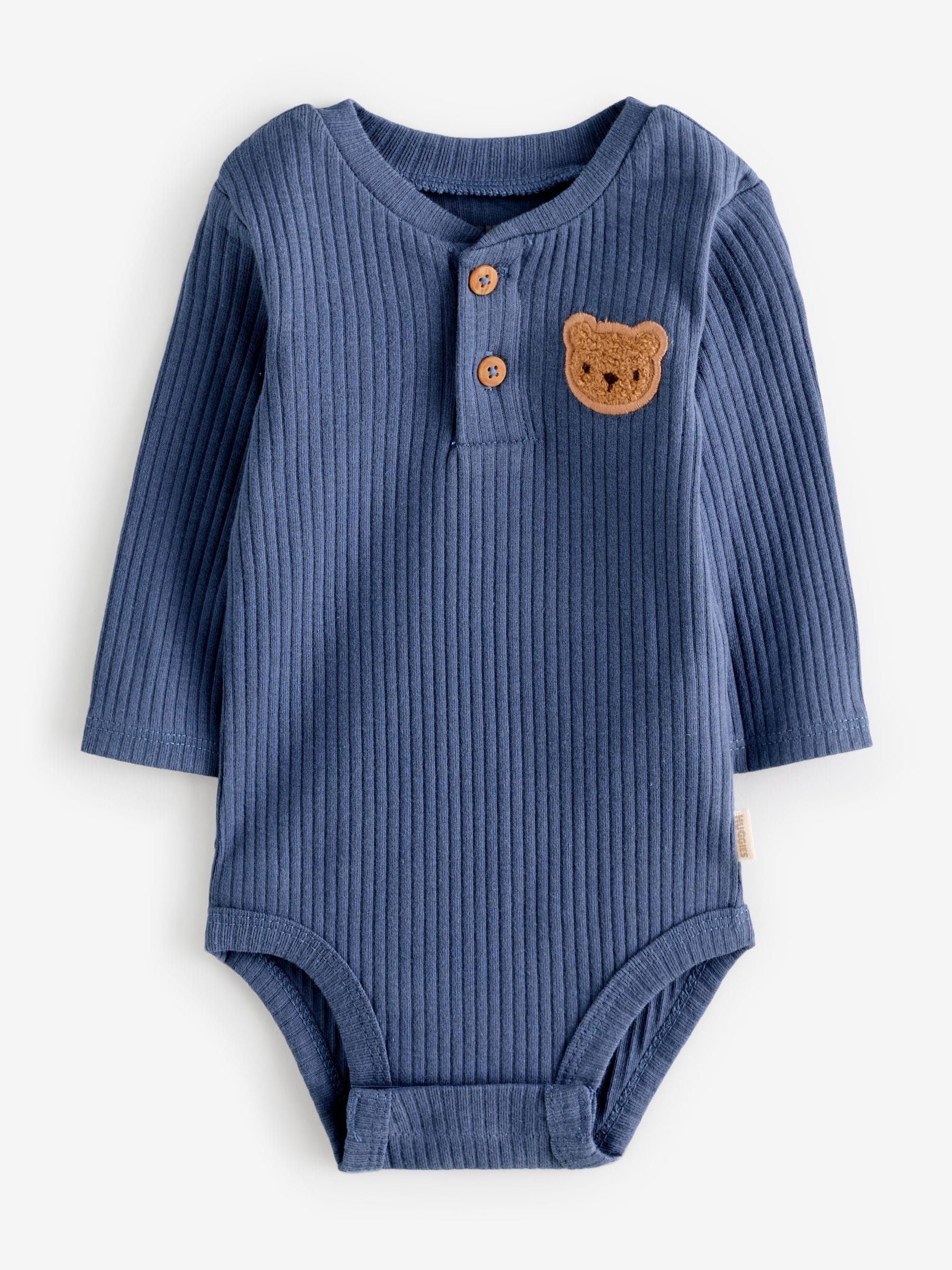 Bear Print 2 Pack Long Sleeve Ribbed Baby Bodysuits