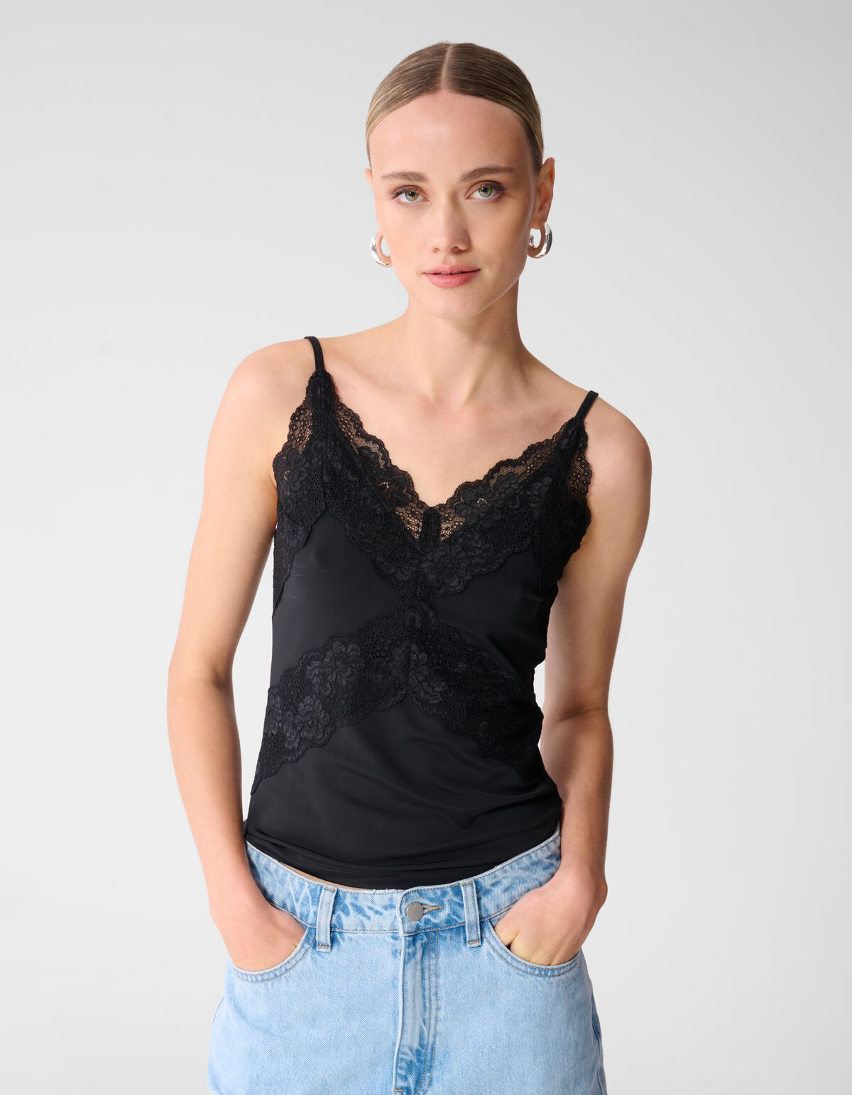 Lace Mix Singlet Zwart
