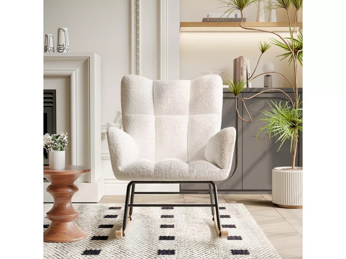 Fauteuil rembourré, aspect damier doux, salon, chambre à coucher, chaise à bascule, capacité de charge 120 kg, beige