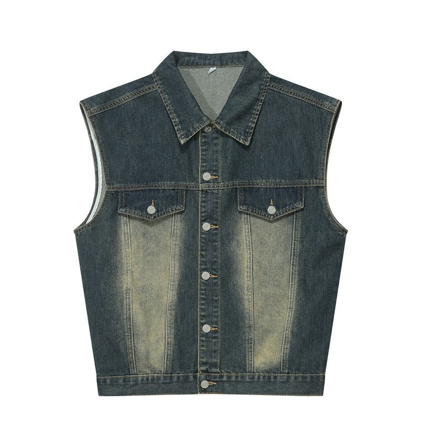 FAERIS - Denim vest met kraag en knoopjes / middelhoge, versleten shorts