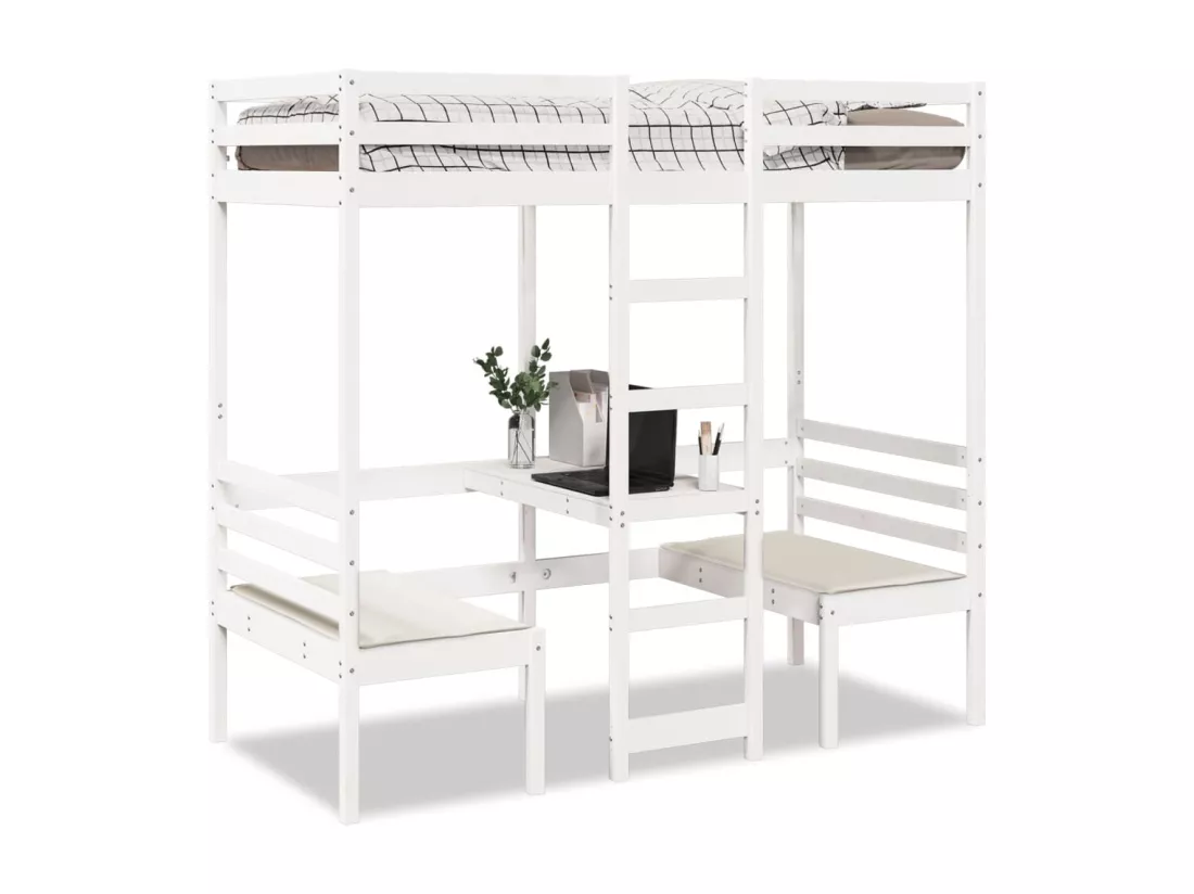 Lit mezzanine avec bureau et chaises blanc 90x200 cm pin massif