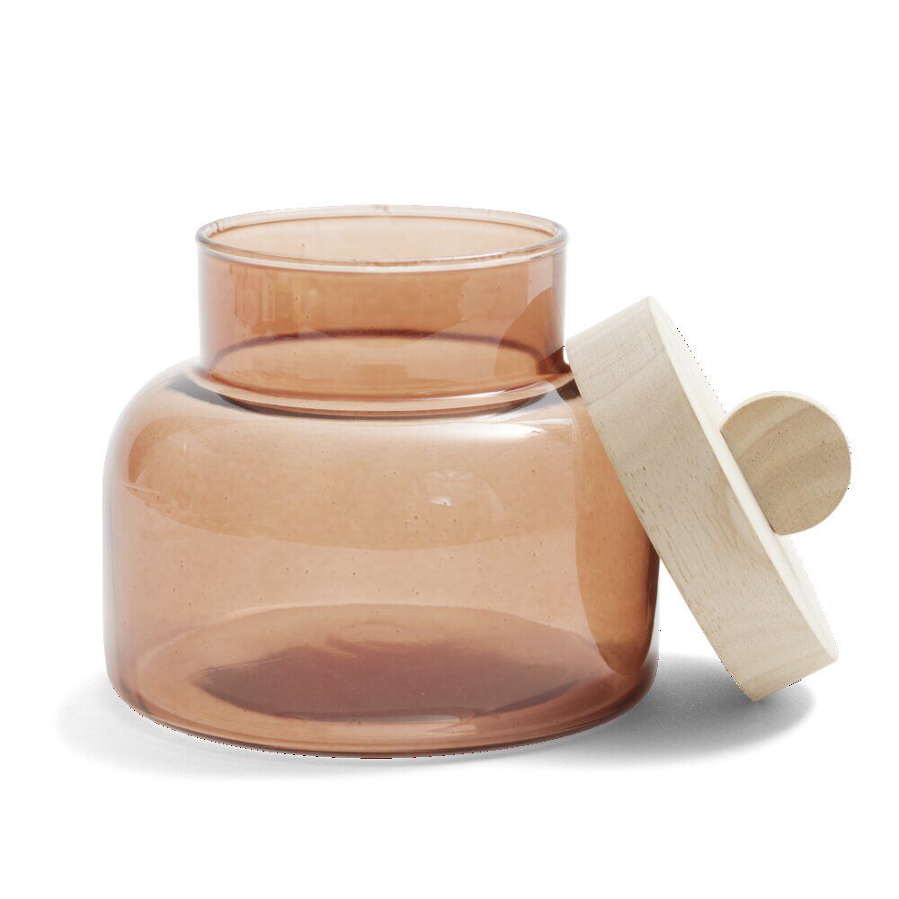 Boîte en verre marron + couvercle bois Ø12xH16cm