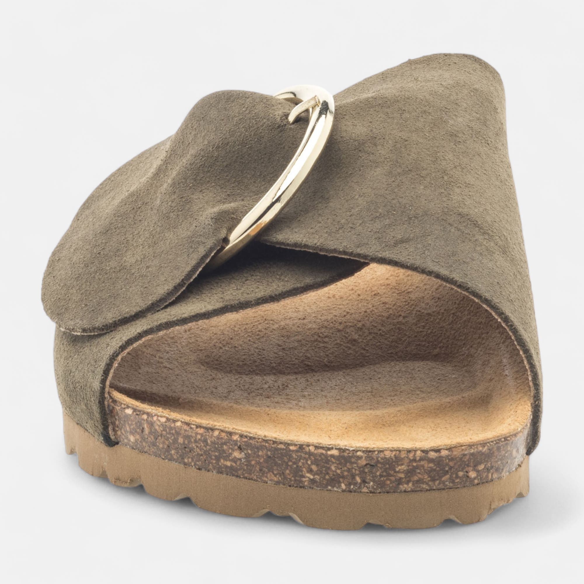 Mules semelle liège Femme en cuir kaki