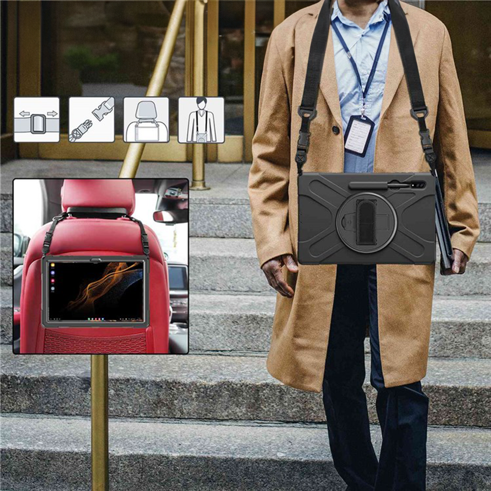 Samsung Galaxy Tab S8 Ultra Hybrid Outdoor Silikon Case Hülle mit Aufsteller und Handschlaufe und Schultergurt - Schwarz