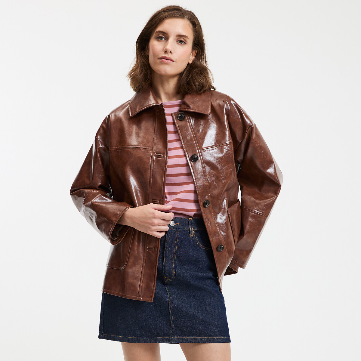 LA REDOUTE COLLECTIONS<br>Casaco midi em couro sintético com fechamento por botões