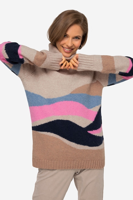 Pullover, Wellen-Muster, Rollkragen, Raglan-Langarm