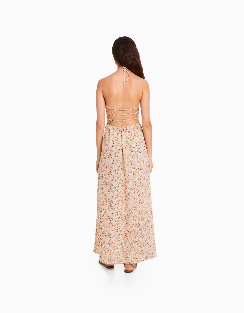 Vestido longo de crepe franzido
