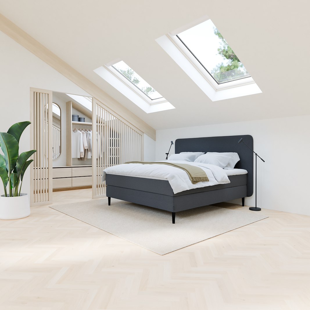 Onyx kontinentalseng Tekstil 173 Mørk Grå, ekstra fast/ekstra fast, seamless, Sleep I overmadrass og Conic 18 cm sorte ben + støtteben