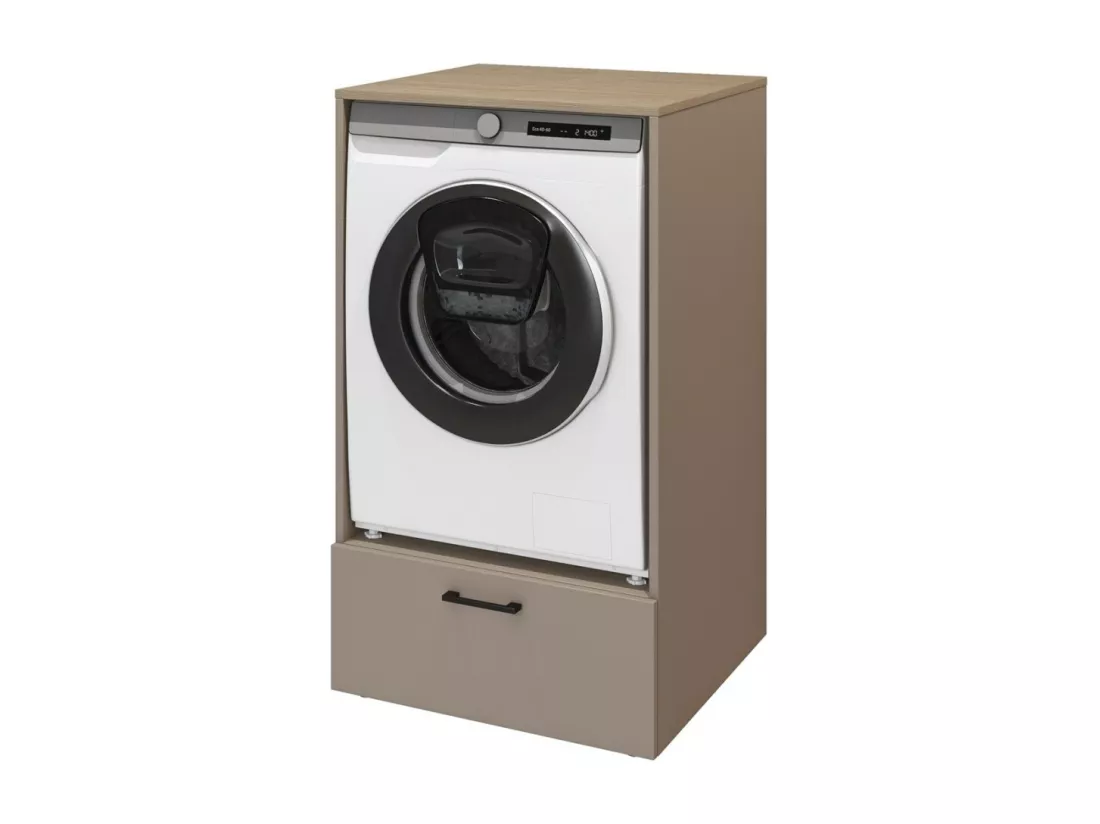 Ensemble de meuble de rangement pour machine à laver collection WASHING – Meuble bas et meuble haut – Taupe et chêne