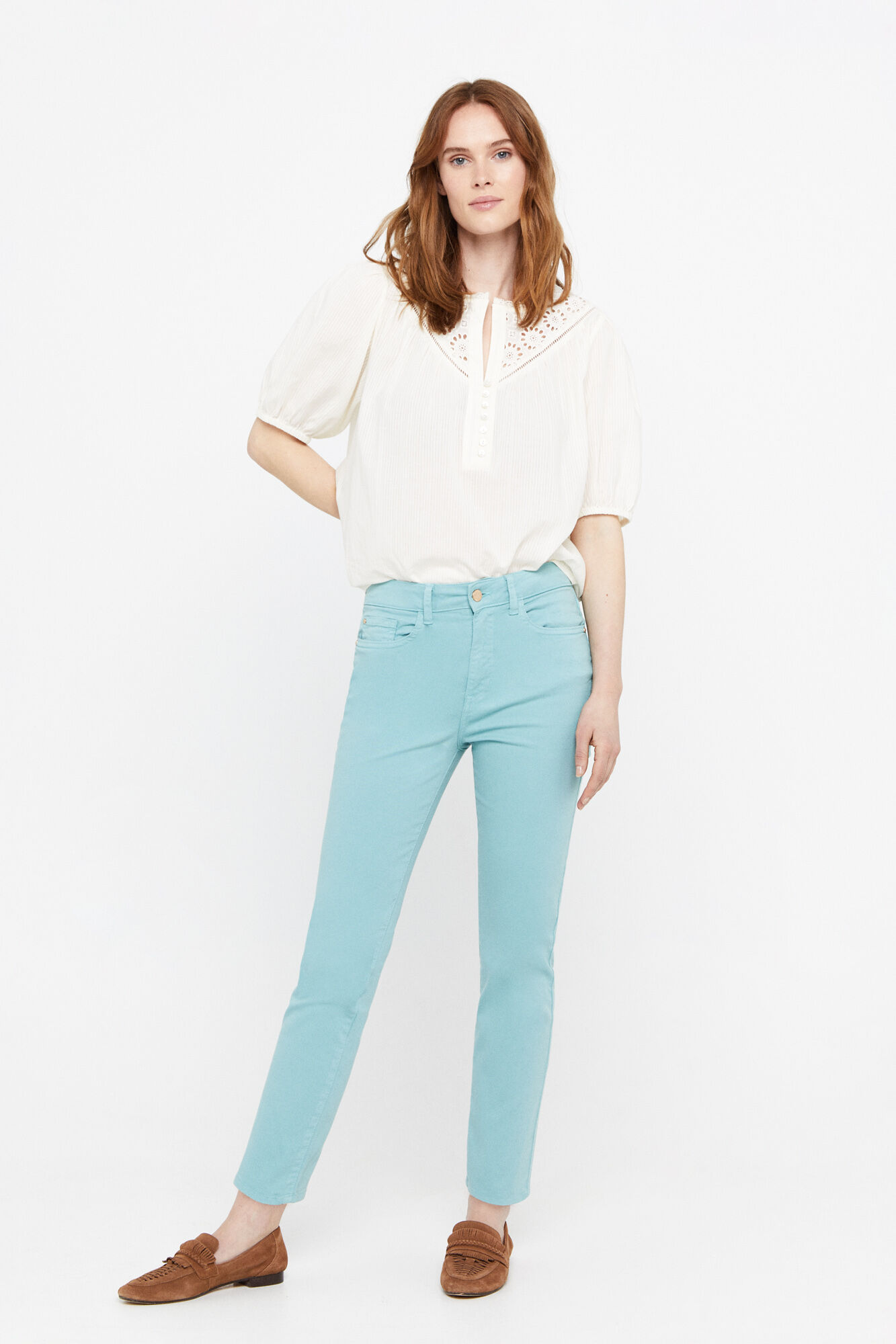 Calça jeans cropped de 5 bolsos - Turquesa