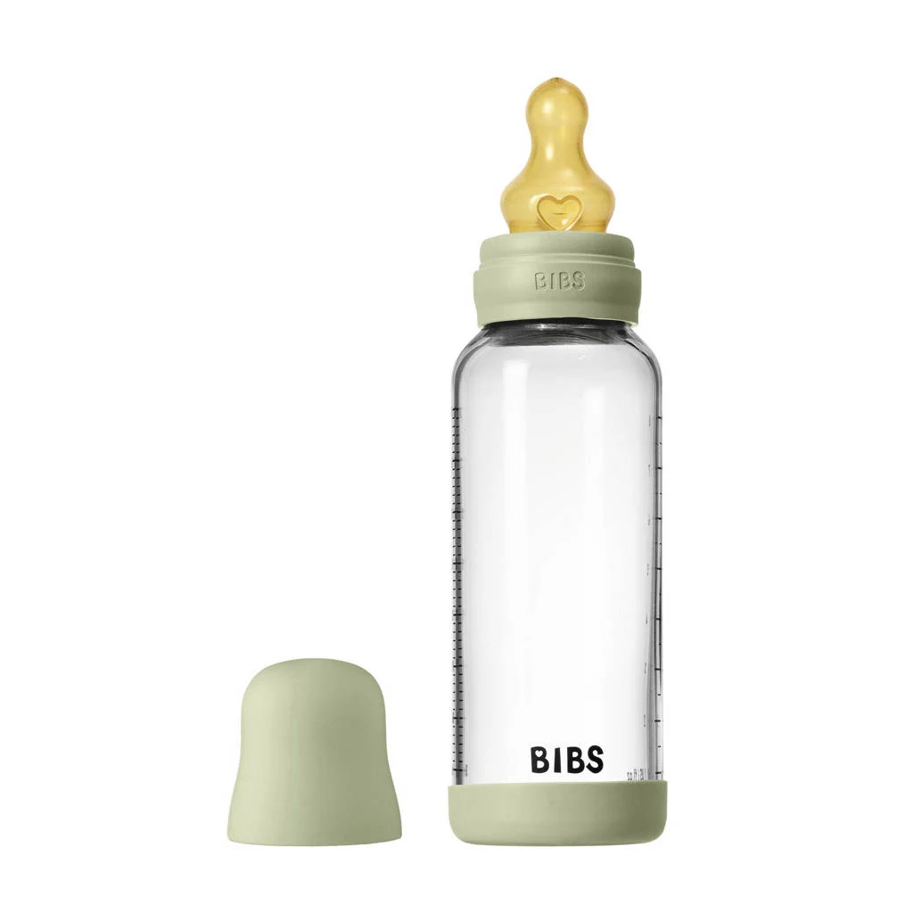 BIBS Glazen Babyfles - 240 ml - Sage - met latex speen en opvouwbare trechtertje