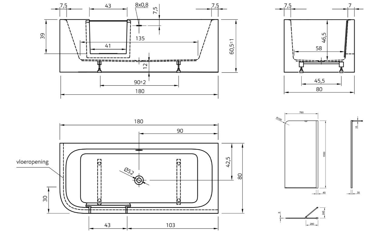 Xenz GO! inloop douchebad acryl 180x80x60cm rechts wit glans met watervaluitloop en badscherm