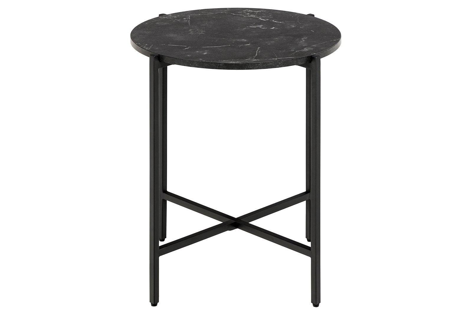 Lamoine sidebord Matt svart marmorplate med matt svart pulverlakkert stålunderstell. Ø40 cm.