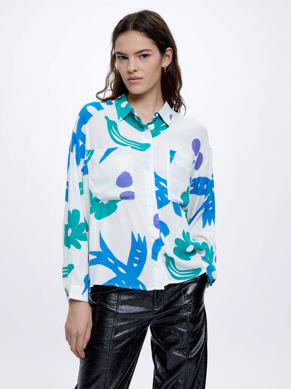 Camisa estampada com bolsos - Branco-sujo
