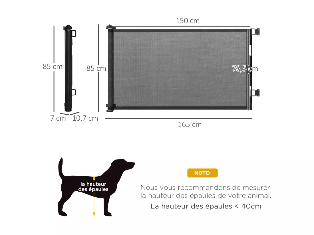 Barrière de sécurité barrière animaux rétractable automatique 1,65L x 0,85H m teslin alu. PVC noir