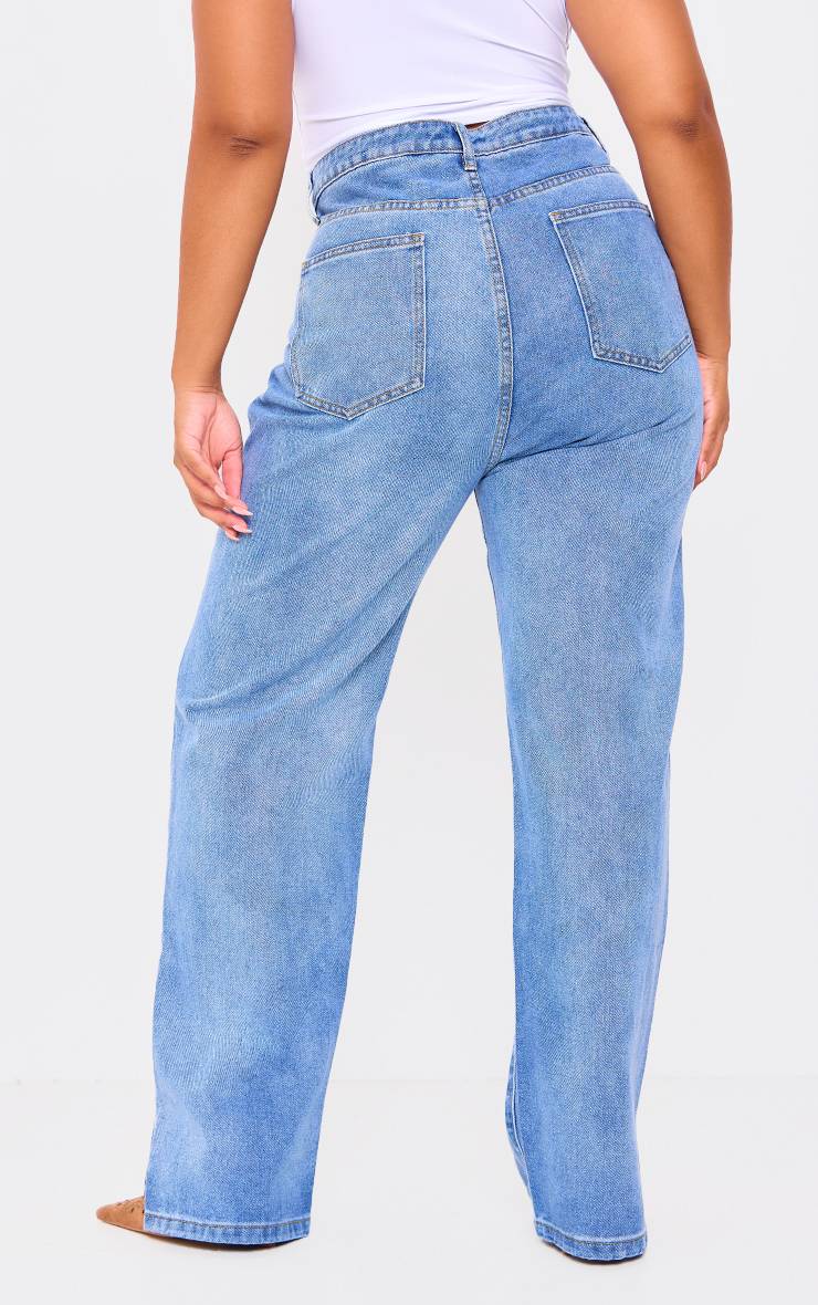 Mid Blue Wash Jean Grande Taille À Ourlet Fendu