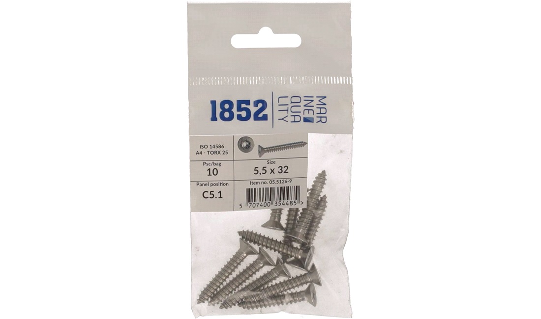 Skrue undersænk 5,5x32 a4 torx 10 stk iso 9478-4