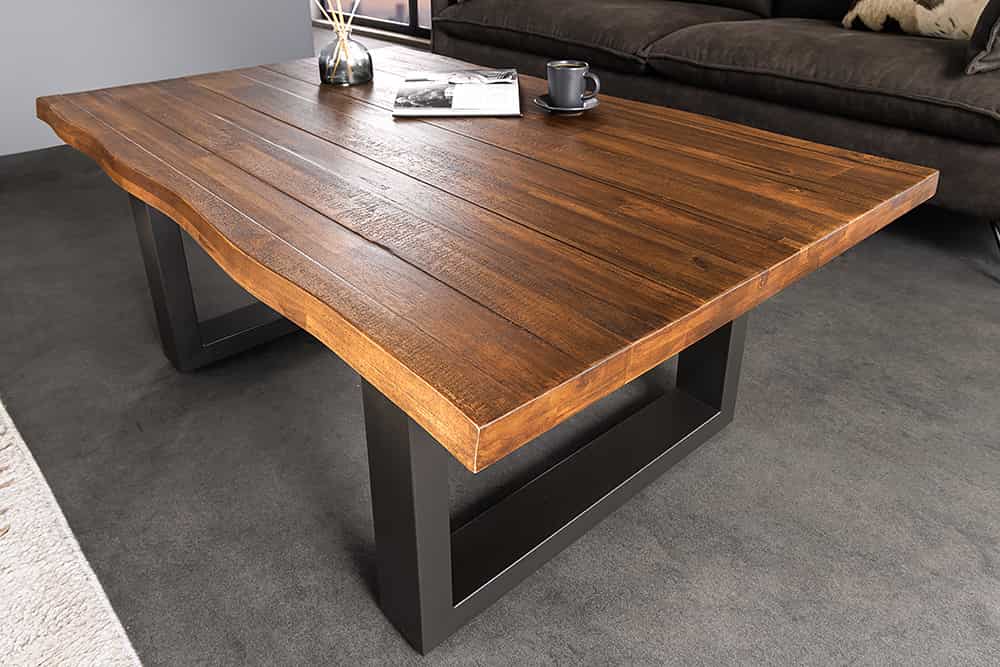 Massiver Couchtisch GENESIS 110cm braun anthrazit Akazie Baumkante Kufengestell