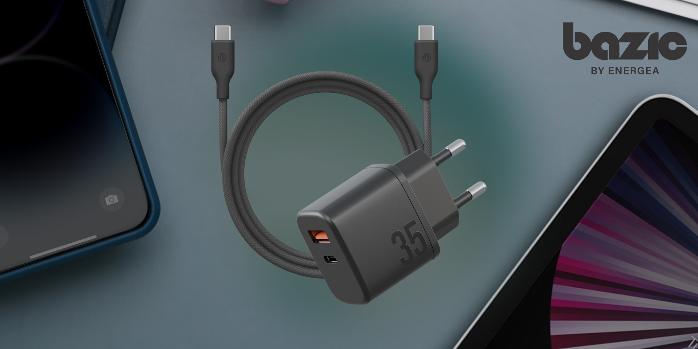 Bazic (by Energea) - (35W) Goport Velox USB C / USB A Ladegerät Netzteil Power Delivery 3.0 Quick Charge 3.0   (60W) USB C Ladekabel (CHR-GPVLX-EU-BLK) - Schwarz