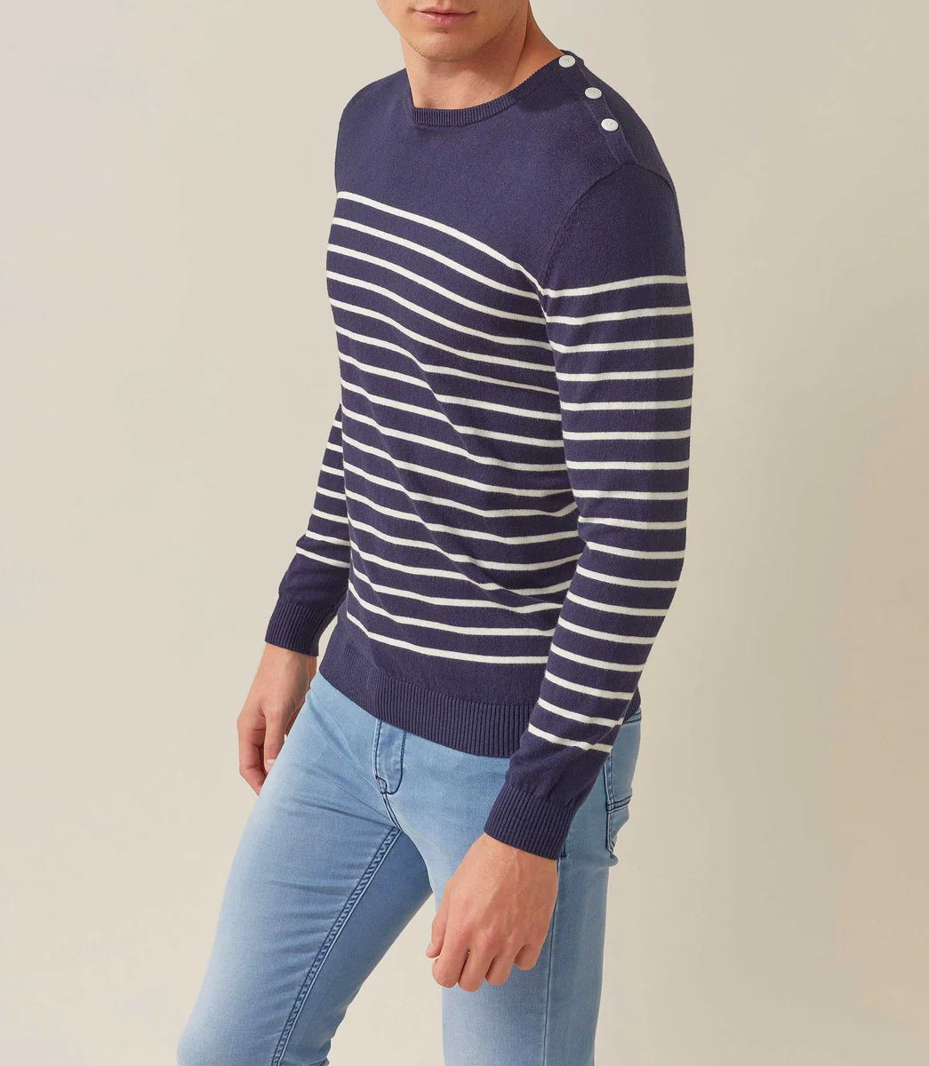Pull col rond marine-ecru 