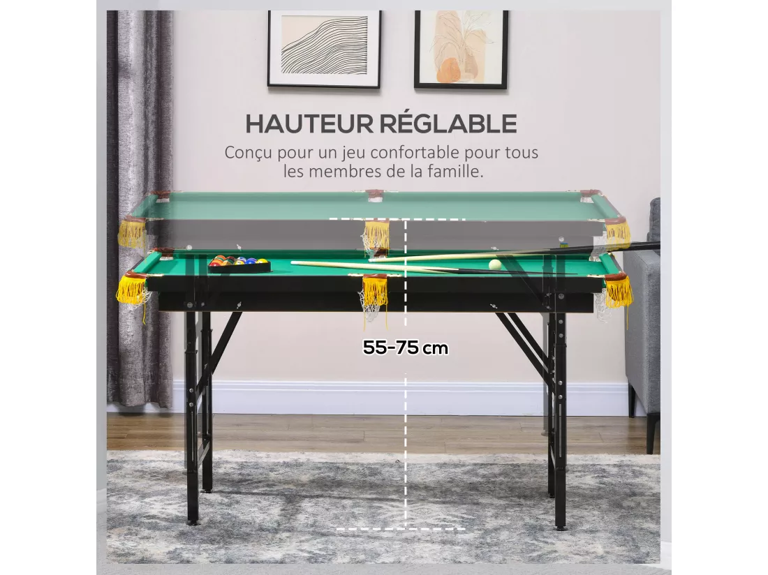 Table de billard pliable hauteur réglable avec accessoires - dim. 140L x 60l x 55-75H cm - vert