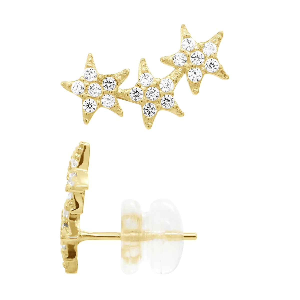 Boucles d'Oreilles Puces - Contour de Lobe - Étoile Ornées d'Oxydes de Zirconiums - Or Jaune