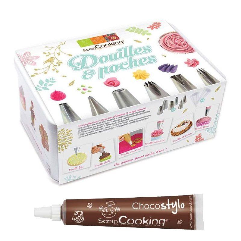 Coffret à pâtisserie 6 douilles inox et poches jetables + 1 Stylo choc