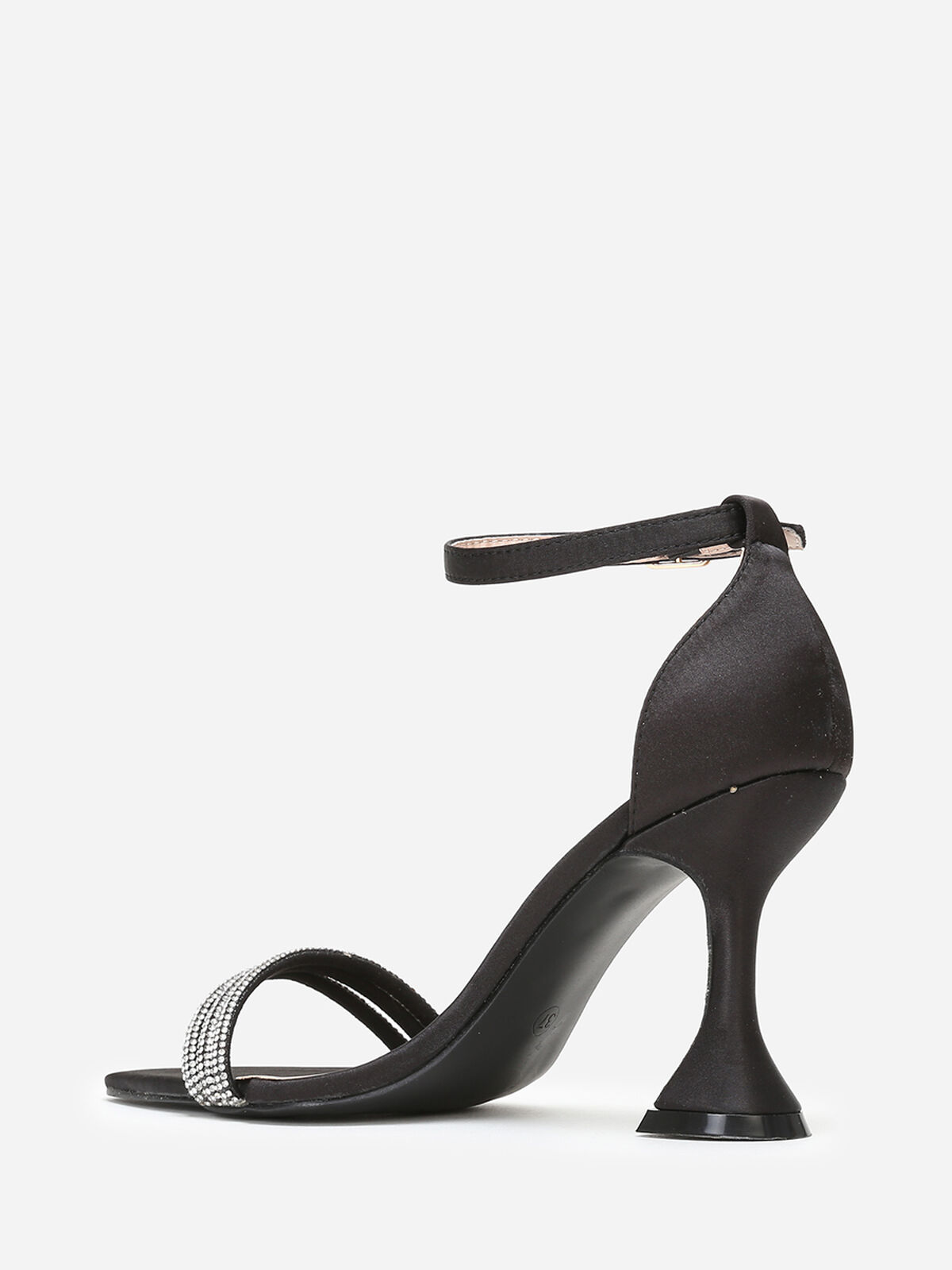 Sandales satinées à strass et talon bobine- Noir